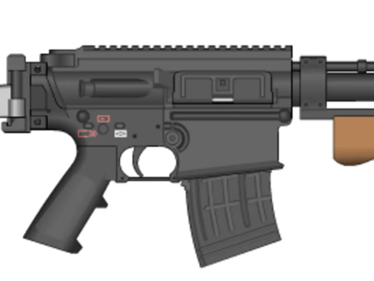 This is an animated image of a rifle, which is dark gray and brown in color. At the right bottom we...