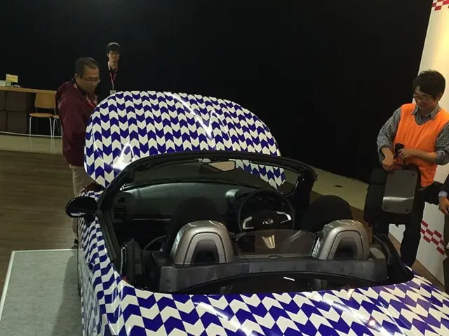 In this image we can see a vehicle, chairs, floor mat and people.