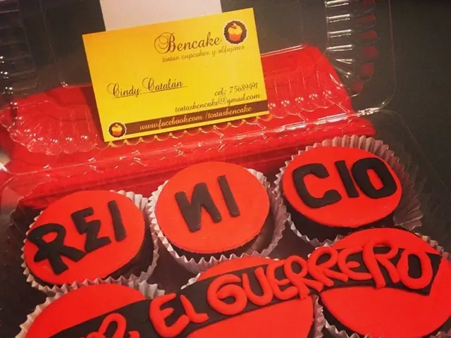 In this picture we can see cupcakes and a card in the box.