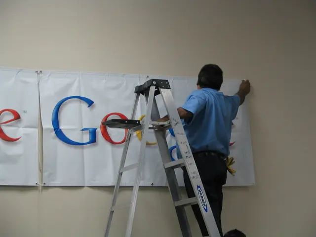 In the image we can see there is a man standing on the ladder and he is pasting the banner on the...